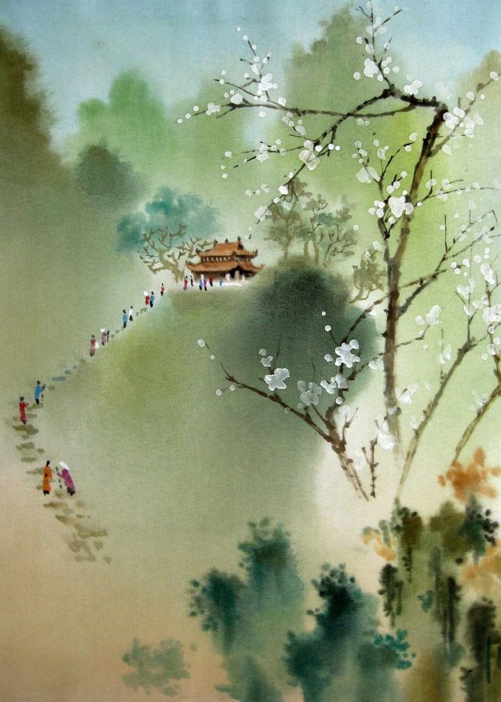 PT003- Tranh phong cảnh sương núi hoa nở