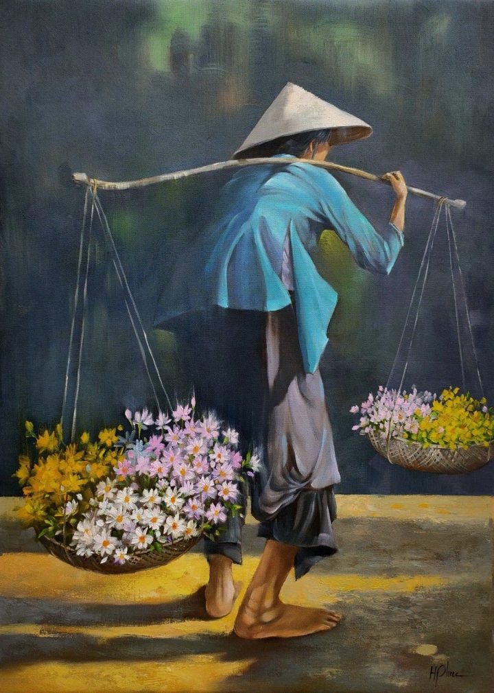 PT011- Tranh gánh hoa trong mưa