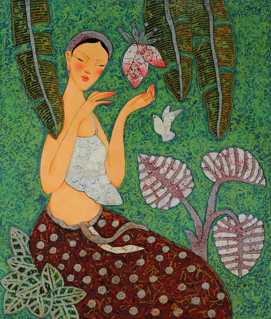 PT036- Tranh thiếu nữ trong vườn xanh