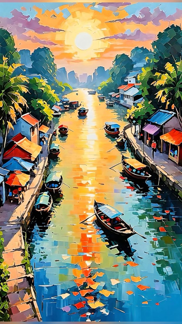 PT082- Tranh dòng sông hoàng hôn