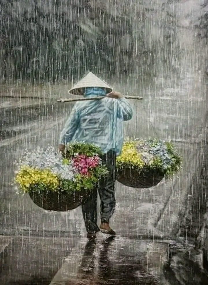 PT098- Tranh gánh hoa trong mưa xám