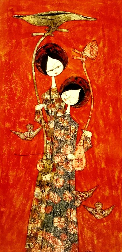 PT100- Tranh hai cô gái áo dài đỏ