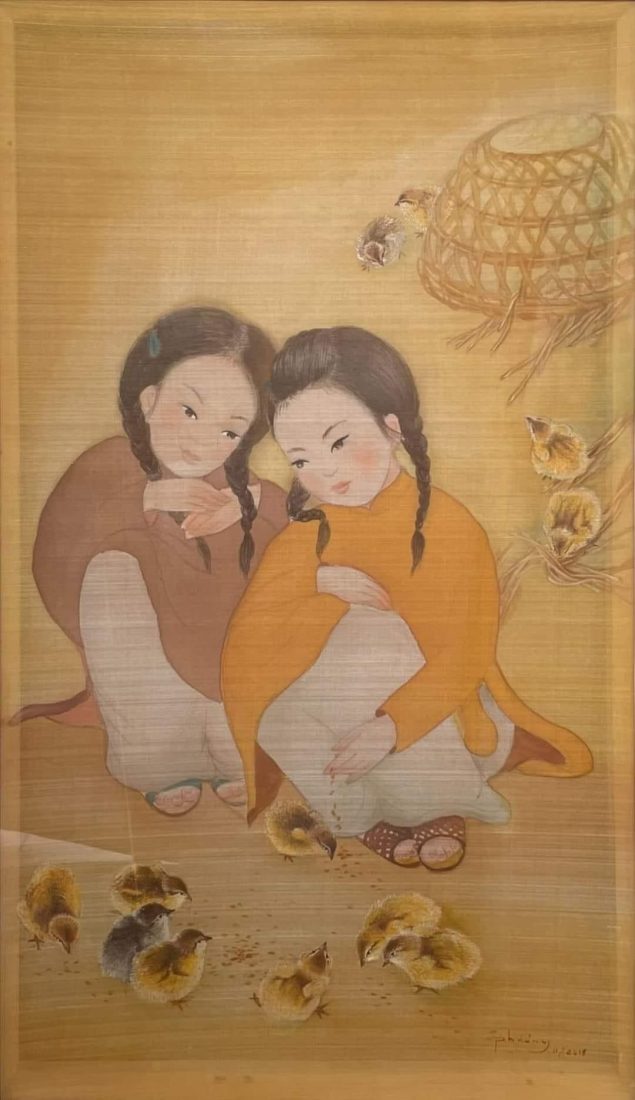 PT141- Tranh hai cô bé ngồi bên nhau