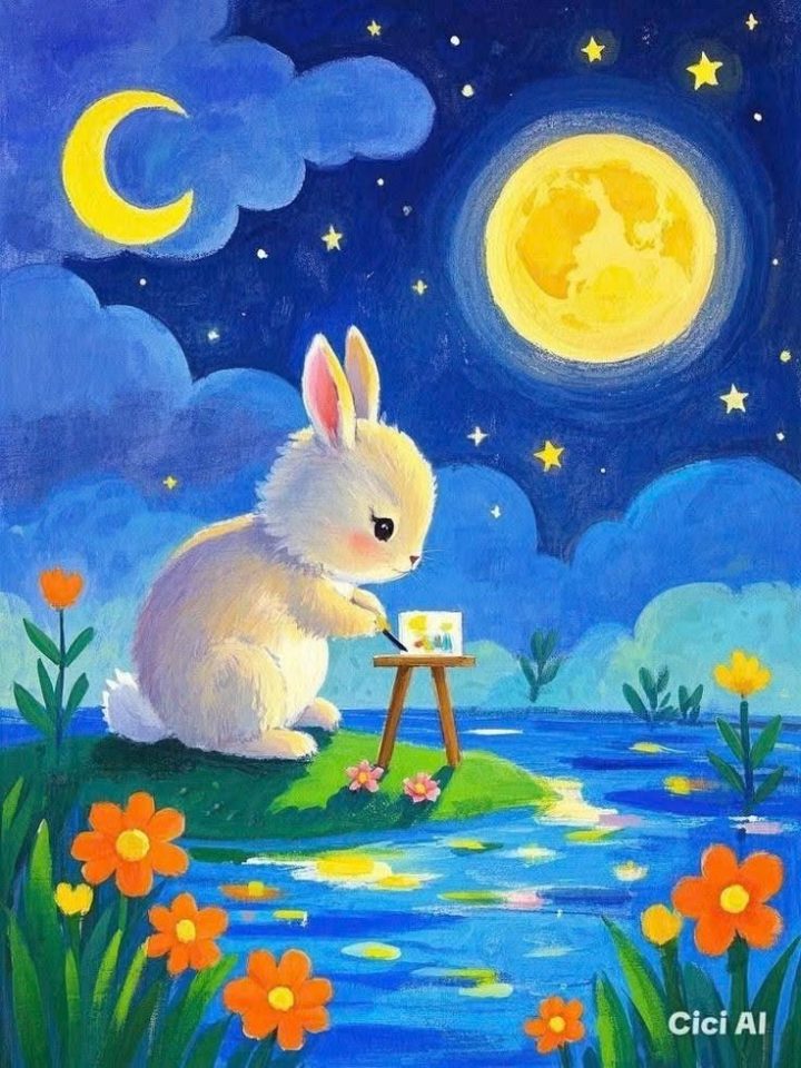 PT156- Tranh thỏ ngắm trăng bên hồ