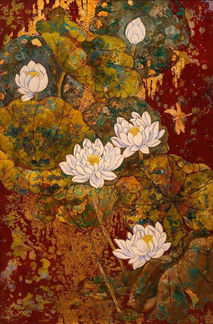 PT158- Tranh hoa súng trên nền đỏ