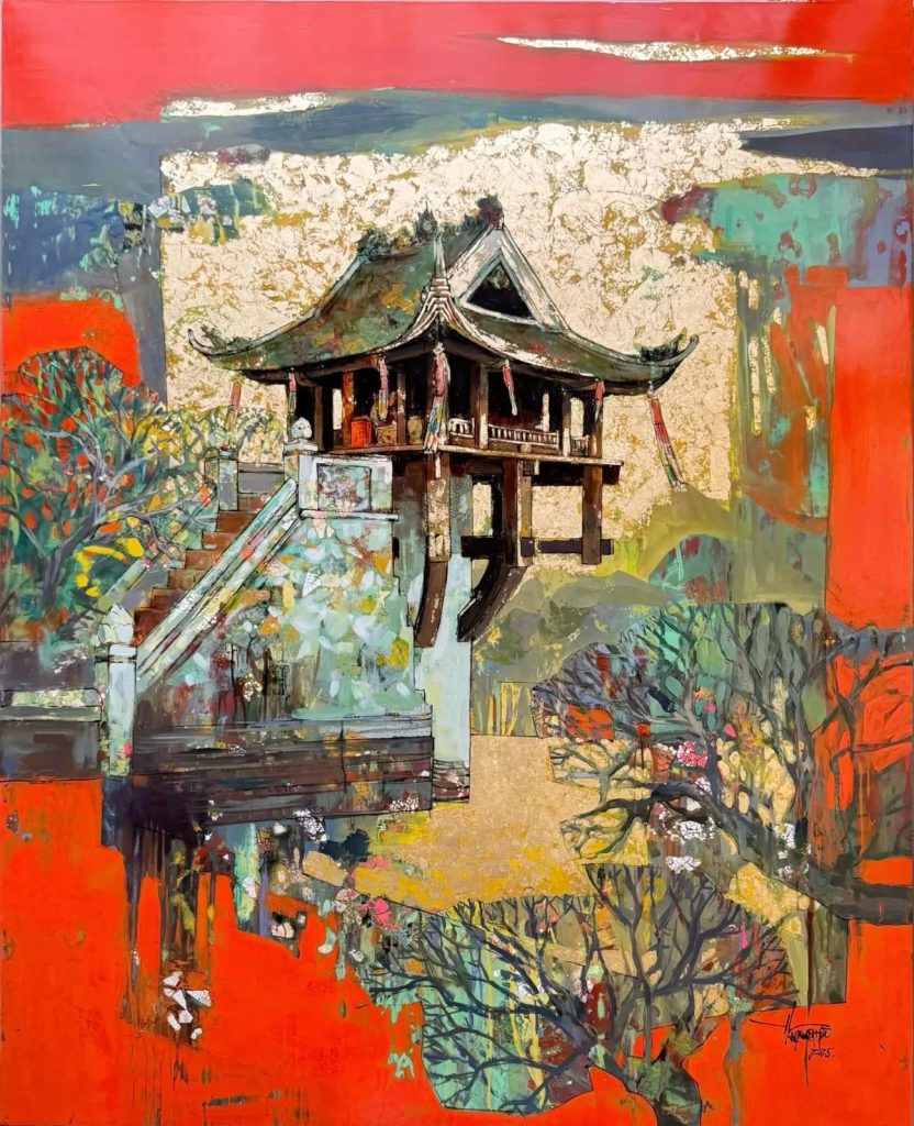 PT162- Tranh chùa cổ trên nền đỏ