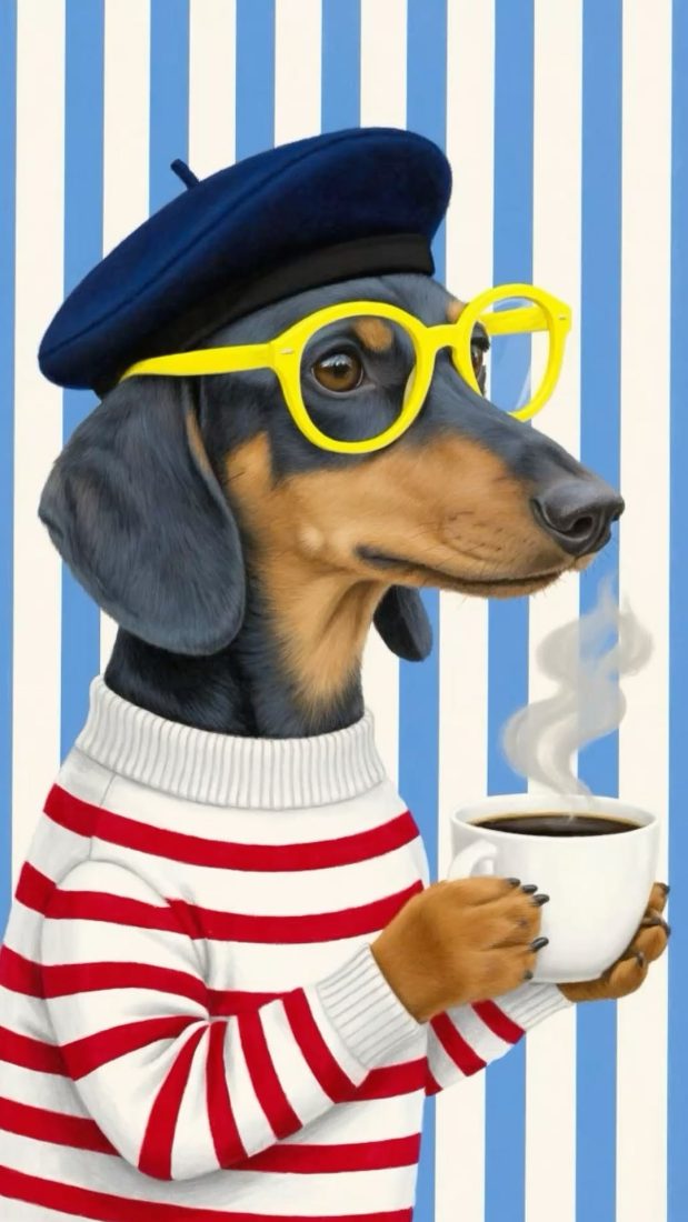 PT291- Tranh chó mũ nồi kính vàng uống cà phê
