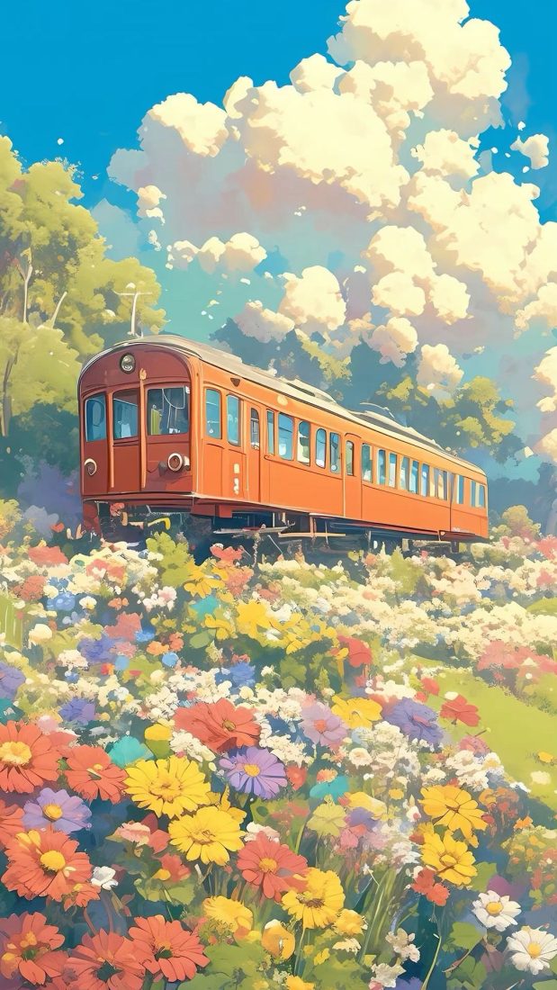 PT464- Tranh đoàn tàu đi qua biển hoa